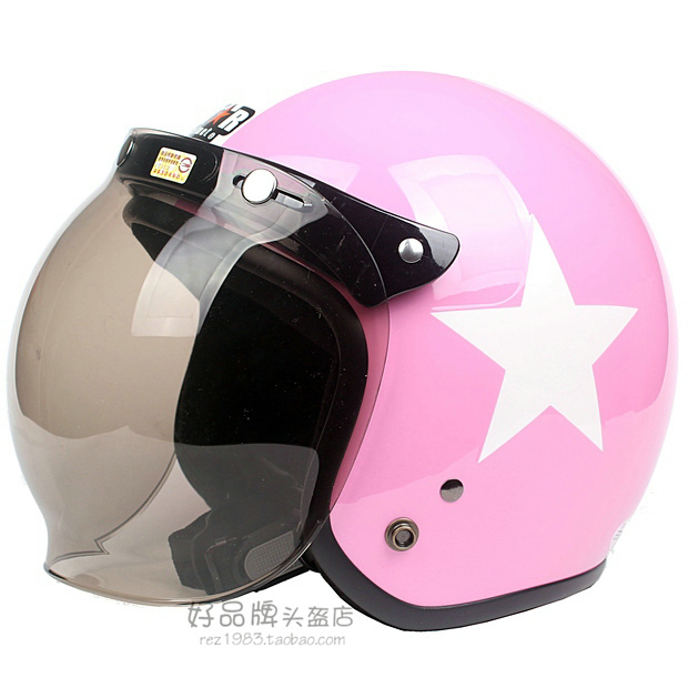 台湾正安粉色白星哈雷电动摩托车复古头盔安全帽男女保暖防晒冬季