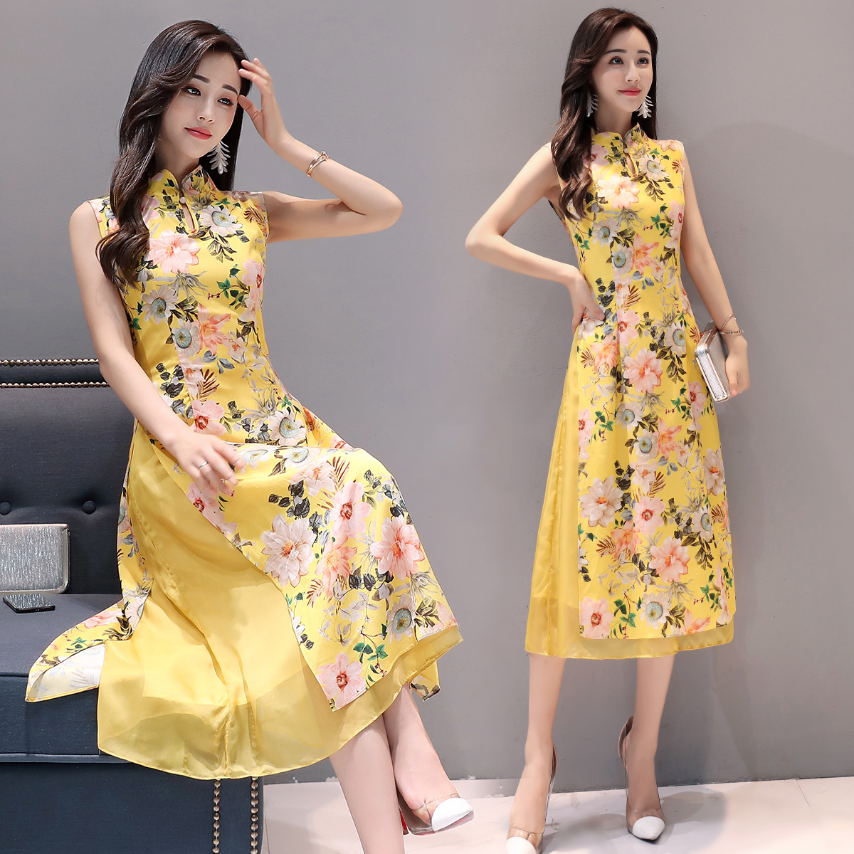 黄色碎花雪纺连衣裙女长裙2017夏季新款时尚气质韩版显瘦长款裙子