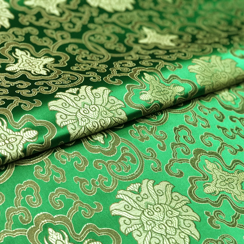 绿色古典元宝如意富贵花纹织锦缎面料/中式家居旗袍靠枕抱枕布料
