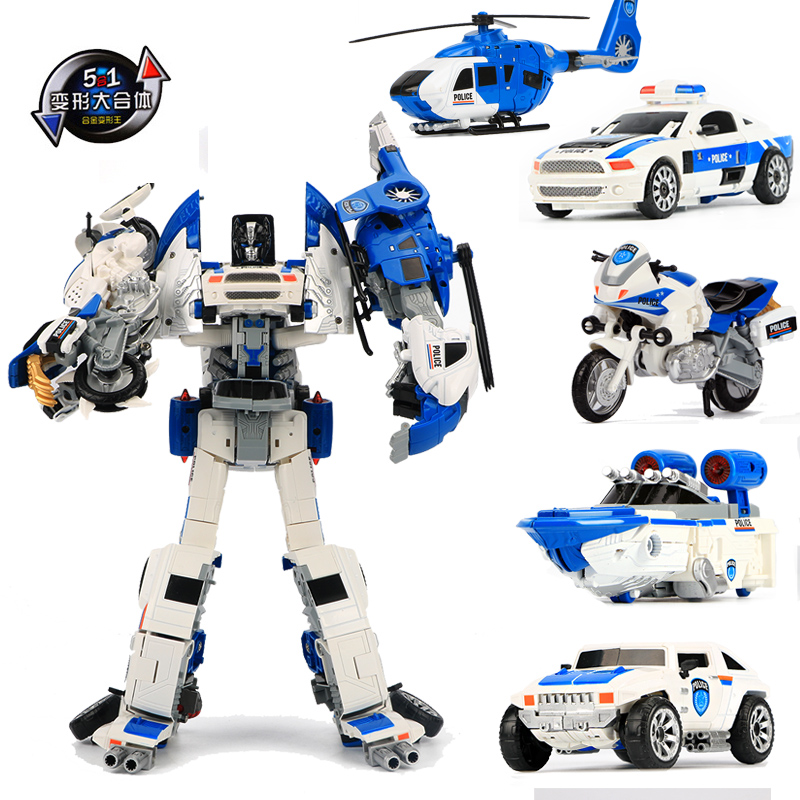 儿童男孩合金变形玩具5合1合体正版模型汽车机器人飞机摩托警察车