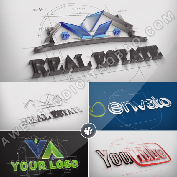 房地产蓝图建筑草图手绘设计构图标志logo演绎片头动画视频AE模板
