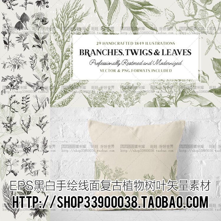 EPS黑白手绘线面 复古植物树叶矢量高清设计素材抱枕图案素材