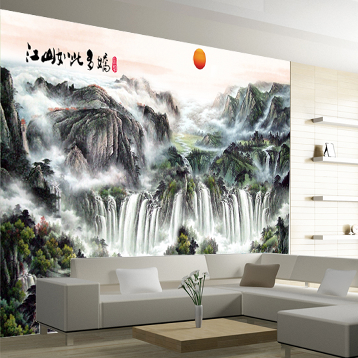 中式山河墙纸电视沙发大厅背景手绘水墨壁纸聚宝盆山水画定制壁画