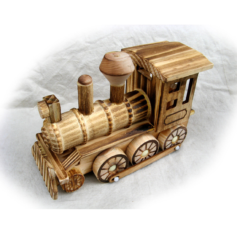 怀旧老物件木制火车头模型 木质老式蒸汽机车儿童科普玩具摆件