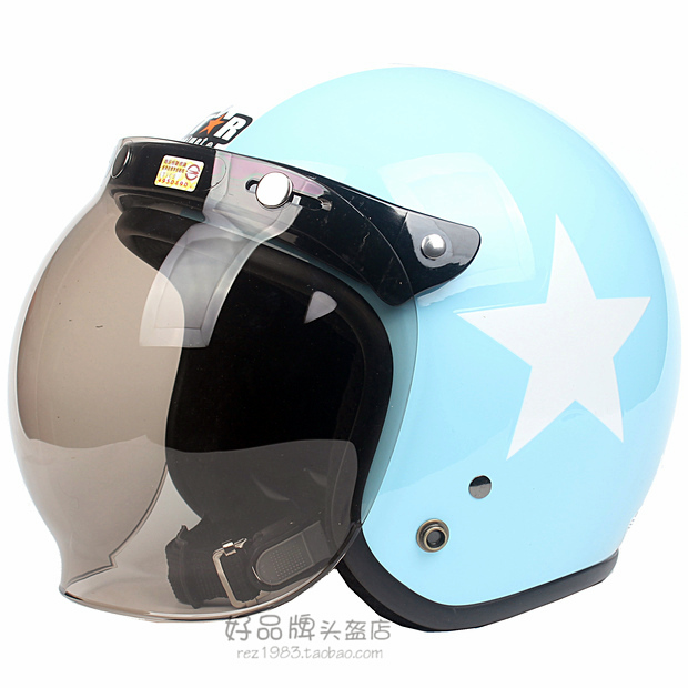 台湾正安浅蓝白星哈雷电动摩托车复古半头盔男女保暖安全帽冬季