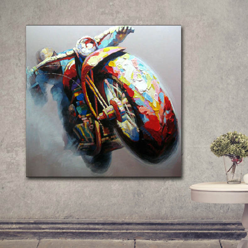 纯手绘油画装饰画哈雷摩托车无框画立体厚油抽象画餐厅