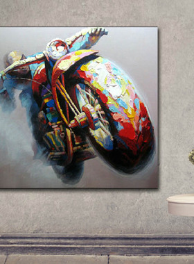 纯手绘油画装饰画哈雷摩托车无框画立体厚油抽象画餐厅