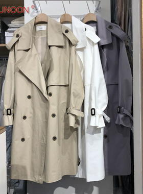 春装新款韩版时尚显瘦长袖纯色双排扣中长款宽松白色气质流行风衣