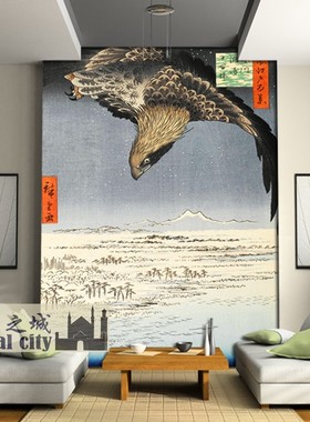 日本风格老鹰雄鹰墙纸日式浮世绘冬季雪景壁纸安藤广重浮世绘背景