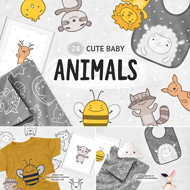 可爱卡通动物线稿熊猫小猪刺猬蜜蜂浣熊狮子包装图案矢量+PNG素材