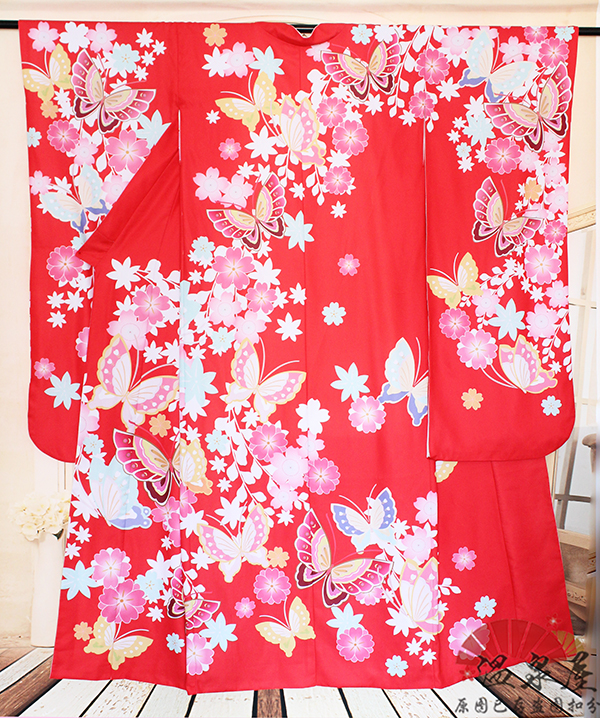 和服 樱蝶花纹红色 高仿日本正装和服 非cosplay用 传统裁剪制作