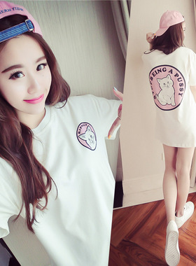 韩版女装新款学生夏季短袖T恤中长款连衣裙宽松可爱猫咪印花衫潮