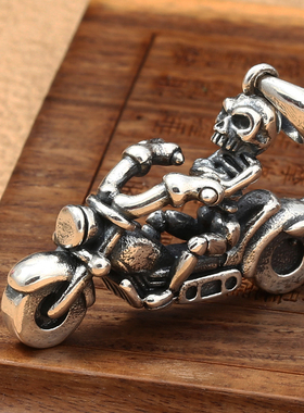 复古朋克风挂坠男女s925纯银创意摩托车骷髅头吊坠个性泰银饰品